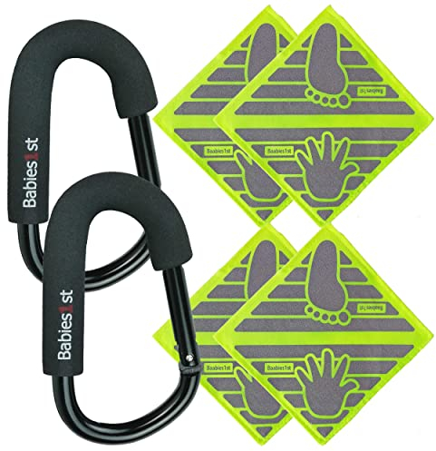 Babies1st Spar Set: Große Karabiner 14 cm (2-er Set) und Kinderwagen Reflektoren 12 x 12 cm Neon Gelb (4-er Set)