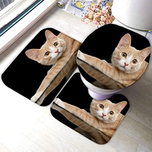 Badematten set 3D 40x60 Orangene Katze Badezimmerteppich-Set absorbierend 3-teiliges maschinenwaschbare weich badteppich schnell trocknend Haustiere Kawaii Tiere Badvorleger mit wc deckelbezug