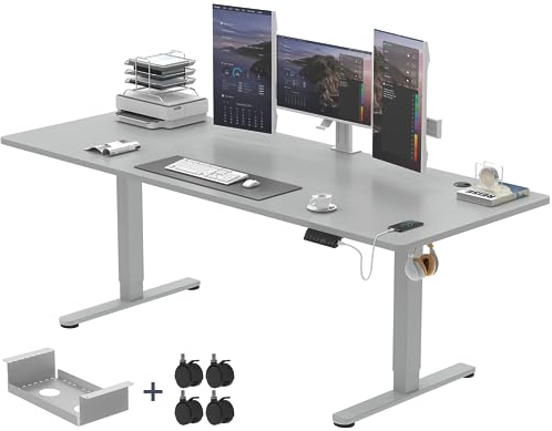 Devoko Höhenverstellbarer Schreibtisch 180x80cm mit Typ-C Ladeanschluss, Schreibtisch Höhenverstellbar Elektrisch, Mobiler Elektrisch Computertisch mit Kabel Management Tray, Grau