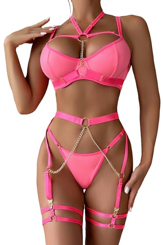 Mingnos Strapsen Dessous-Sets für Damen Sexy Unterwäsche Outfit Kropfband Bügel BH und Slip mit Strumpfband Reizwäsche 6 Teilig Rosa, L