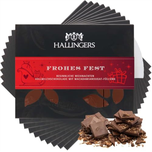 Hallingers Genuss Manufaktur Schokolade Weihnachts-Geschenk - Tafel Edelkakao handgeschöpft ohne Alkohol edler Karton 10x Frohes Fest Macadamia-Nougat, Weihnachten für Frauen Männer