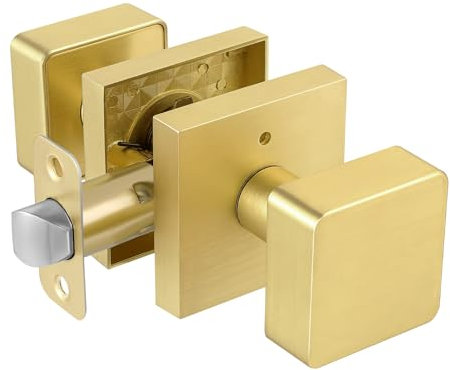 naubea Gold Door Knobs Interior, Satin Brass Privacy Bedroom Interior Door Knob with Lock, Modern Square Brushed Brass Door Handle for Bathroom, Heavy Duty