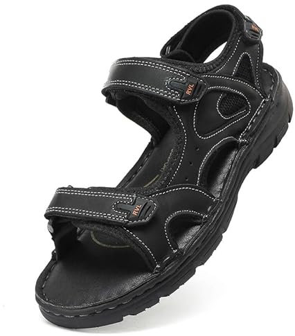ziitop Herren Leder Sandalen Outdoor Trekkingsandalen Sommer Männer rutschfeste Leichte Trekkingschuhe Verstellbare Beach Sandalen Schwarz 42 EU