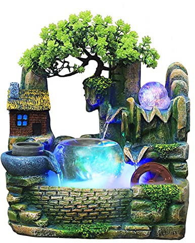 TAPMING Tischbrunnen mit LED Beleuchtung, Wasserfall, Nebel, Pflanzen, Luftbefeuchter, Geschenk, Dekoration