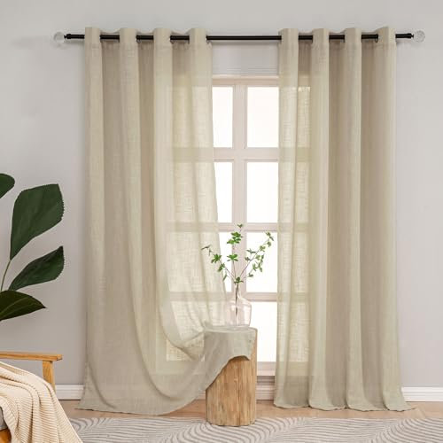 L.Z.E Vorhang Gardine für Wohnzimmer, Modern Taupe Stores in Leinenoptik, 2er Set Halbtransparent Ösenvorhang für Schlafzimmer, 225 cm Hoch & Lang, Taupe (LZE2206TP225)