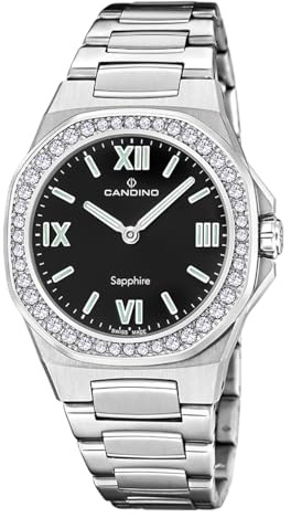 Candino Swiss Damenuhr Analog aus Edelstahl 316l Silberfarben | Quarzwerk, Widerstandsfähiges Saphirglas, Wasserdicht 5 ATM C4753/5, Lady Elegance, Schwarzes Zifferblatt