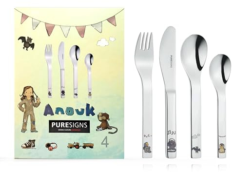 Puresigns Kinderbesteck mit Namensgravur - Anouk - Mädchen, Affe, Fledermaus, Pinguin - 4-teilig eigener Gravur/Namen auf Besteck (Gravur möglich)