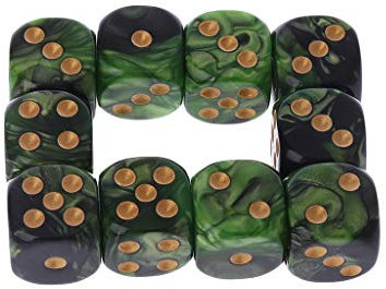 Saiyana Würfel-Set, 16 mm, Kunstharz, D6, Schwarz, Grün, Goldspitzen, runde Kanten, KTV, Bar, Nachtclub, Würfel-Set, 6-seitig, 16 mm, 10 Stück