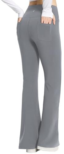 BALEAF Yogahose Damen High Waist Schlaghose Bauchkontrolle Freizeithose Baumwolle Sporthose lang Yoga Pants mit Taschen Grau L