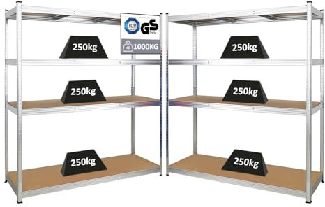 PROREGAL Mega Deal 2X Schwerlastregal Taurus XL mit TÜV/GS Zertifizierung180x160x60cm mit Fachlast 250kg Verzinkt Kellerregal, Steckregal, Garagenregal, Lagerregal