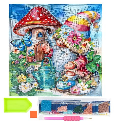 Ideen mit Herz Diamond-Painting-Motivleinwand auf Keilrahmen | 30 cm x 30 cm | Set inkl. Werkzeug (Wichtel im Pilzhaus)