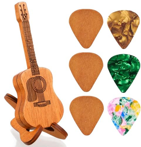 Wooden Guitar Plectrum Case, Guitar Pick Holder with 6 Pcs Guitar Picks Plectrum Holder Storage Pick Suitable for Art Gifts Pick Storage and Tabletop Displays