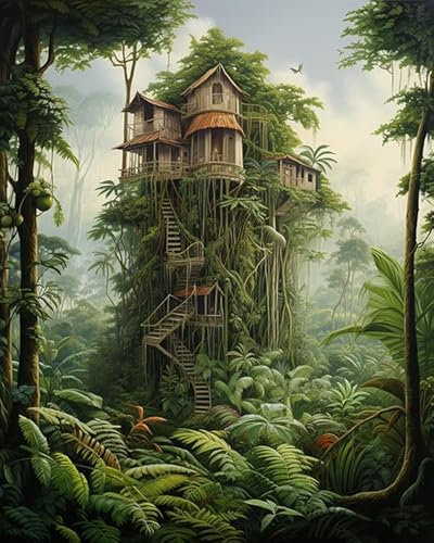 Malen nach Zahlen für Erwachsene,Anfänger,Baumhaus im Wald,digitales Malen,Malen-nach-Zahlen-Set auf Leinwand,Geschenke,Home Deko,40x50cm rahmenlos