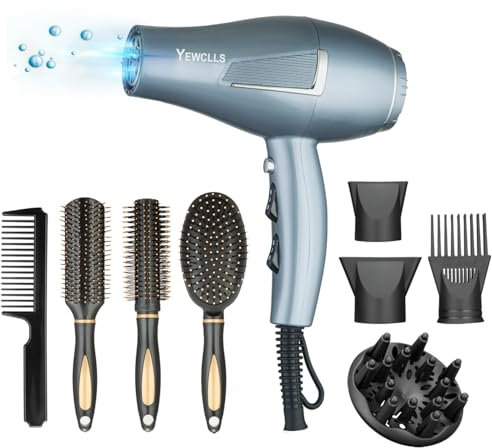 Föhn Ionen Fön Schnelles Trocknen Salon 2100W professioneller Haartrockner 2 Geschwindigkeit 3 Wärmeeinstellungen 2 Konzentrator 4 Kämmen 1 Diffusor Familie Salon Lockenföhn mit Kalttaste (Silbergrau)
