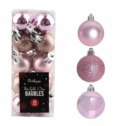 Rose Gold Shatterproof Christmas Baubles - 2.5 Cm Dia (20 Pc) - Xmas Tree Decorations - Hanging Ornaments