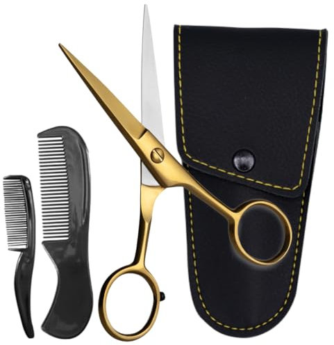 ONTAKI Forbici professionali per barba e baffi da 12,7 cm, in acciaio tedesco, con 2 pettini e custodia per il trasporto di baffi, forgiate a mano, con bordo smussato di precisione, kit per la cura