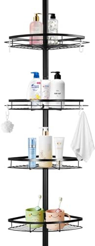 IPEB Shower Caddy Corner Organizer with 4 Hooks Adjustable Tension Pole,Height 43 to 122 Inch,Rustproof Shower Caddy for Bathroom Storage Organizer 4 Tier Stainless Steel,Black
