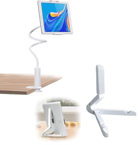 ZQuintuplian 2Pcs Tablet Holder, White Tablet Stand For Reading In Bed Beautiful and Practical Stand for Bed white Gooseneck Flexible Arm Clip Tablet Mount Suitable for Families Offic