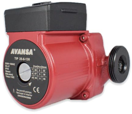AVANSA 25-6/130 Circolatore per riscaldamento 230 V – DN25 1½ pollice, interasse 130 mm – prevalenza 6 m, 55 l/min – 3 velocità 46/67/93 W – rotore bagnato