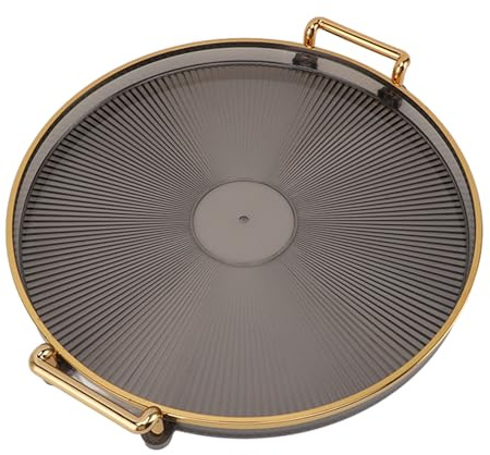 Greensen Gold Round Serving Tray with Handles Plastic | Decorative Display Platter for Party Coffee Table, Sturdy Golden Handles Easy Transport, Smoke Gray Organiser