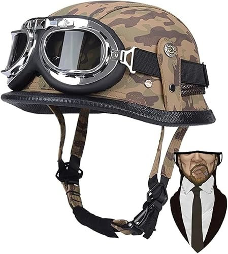 DCJDKCVKI Deutsche Leder Motorrad Halbhelme Retro Halbschalenhelm JetHelm mit Visier Schnellverschluss Schnalle für Cruiser Chopper Biker Moped ECE-Zulassung