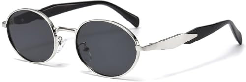 Long Keeper Vintage Ovale Sonnenbrille Metall Klein Retro Sonnenbrille Rund 90er Modisch Oval Brille UV400 Schutz Klassisch Sonnenbrillen für Damen Herren (Silber Schwarz Rahmen – Dunkelgrau Gläser)