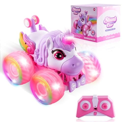 Ferngesteuertes Einhorn Auto für Mädchen, 4WD Off-Road Pink Stunt RC Auto mit LED-Lichtern, 2.4GHz Spielzeugauto, USB Direktladung, All-Terrain SUV, Geburtstagsgeschenk für Kinder ab 3 Jahren