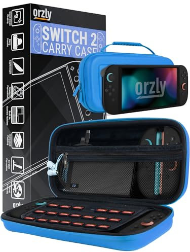 Orzly Blue Protective Carry Case for Nintendo Switch 2 Travel Case with Screen Padding, Game Card and microSD Slots, Zipped & Open Pockets for Console Accessories - Gift Box Edition