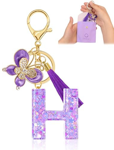 Porte-clés pour Fille Lettre, Porte-clés pour Femme avec Lettre Initiale, Alphabet Pendentif Initiale en Résine, Keyring avec Pendentif Papillon et Pampille, Cadeau pour Femme Violet-H