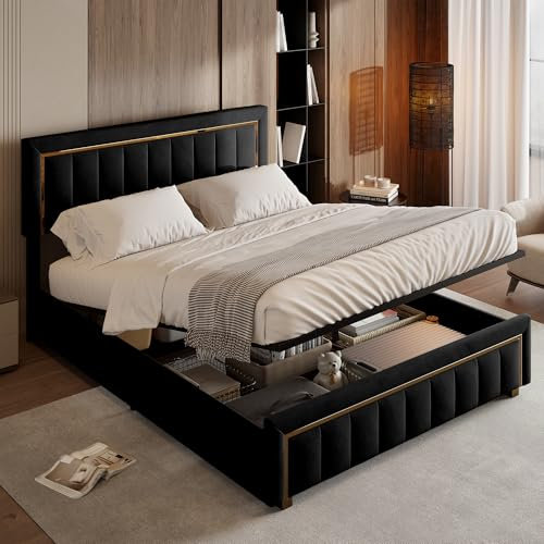 Boxspringbett 140x200 mit Bettkasten, Doppelbett Polsterbett mit Lattenrost und mit gepolstertem Rücken, Jugendbett mit vertikalen Streifen und goldenen Kanten, Samt, Schwarz (Schwarz, 140×200cm)