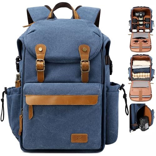 Padwa Lifestyle Blue Camera Backpack - Waxed Memory Canvas Camera Bag with 16” Laptop/Lens & Tripod Compartment, Multipurpose Camera Backpacks for Professional Photographers