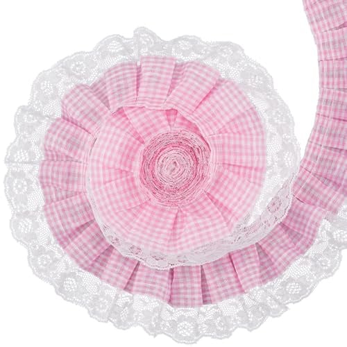 GORGECRAFT 4.6 m Rosa Gingham Spitzenbesatz Aus Plissiertem Chiffon Gerafftes Kariertes TAFT Büffelkaro Webband 6.3cm Organza Netz Rüschenstoff Bestickte Applikation Kantenbesatz Für Selbstgemachte