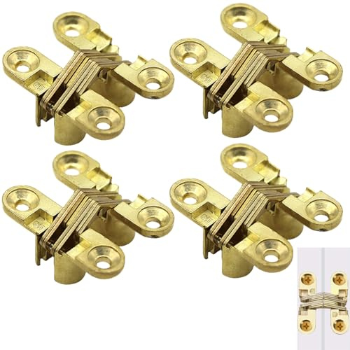 Eruceky 4 Stück Verdecktes Kreuzscharnier, Verstecktes Scharnierfür Möbel, Hardware, Holztür, Kabinett, Schrank, Holzkiste(Gold)