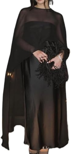 Acrawnni Chiffon Cape for Women Sheer Mesh Shawl Wraps Tulle Bridal Flowy Capelets for Evening Dress Crop Cover Up Poncho (A-black, ONE SIZE)