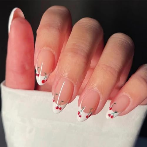 Christmas Press On Nails Almond, 24PCS French Tip Nails Press Ons Glossy White & Nude Fake Nails with Cute Cherry Design, Reusable False Nails Almond Manicure Kits for New Year Christmas Nail DIY
