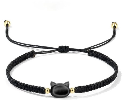 QKEOISUD Cat Bracelet Black Braided Rope Bracelet,Cute Animal Adjustable Black Rope Bracelets,Jewelry Gift for Cat Lovers & Friends on Birthdays & Holidays