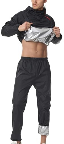 Generico Tuta da Allenamento per Fitness Uomo 2 Pezzi Sauna Giacca Top Maniche Lunghe Dimagranti Snellente Sudorazione Perdita Peso Sportivi Tuta Sudare Cappuccio Tasche Palestra Fitness