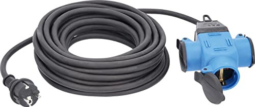 as - Schwabe alargador de Cables de 10 m H07RN-F 3G1,5 - Cable de extensión con 3 Tomas - 230 V/16 A - con Tapas Protectoras - Resistente al Polvo y a Las Salpicaduras IP44 - Azul/Negro, 62059