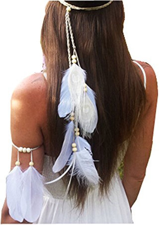 Set von 2 weißen böhmischen Federn Quasten Stirnband mit Armband Gypsy Hippie Pfau Kopfbedeckung Kopfschmuck Frau Mädchen Favorite Haarschmuck