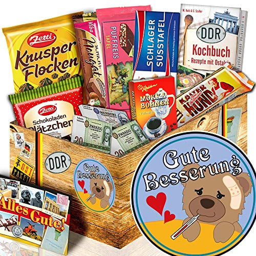 ostprodukte-versand Gute Besserung Geschenk - DDR Schoko Box | Mit DDR Kochbuch, Holzkiste & 8 nostalgischen Süßigkeiten – fertig verpackt als Genesungsgeschenk