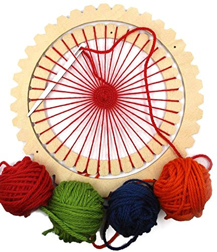 Rundwebrahmen aus Buchenatur mit Webnadel, Anleitung, Motorikspielzeug, fertig bespannt, Handmade Germany