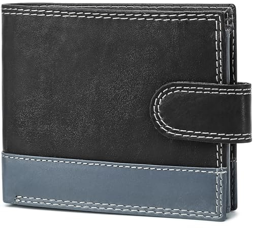 WEDMAY Mens Leather Wallet Genuine Leather, RFID Blocking Bifold Wallet for Men with Coin Pocket, Credit Card Holder & ID Window, Slim Mens Wallet with Gift Box, Black/Grey