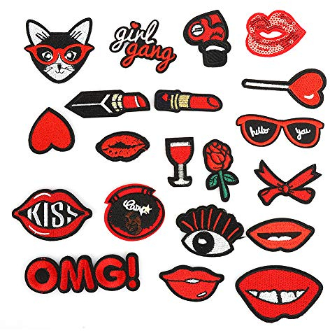 20pcs Lip Pattern Patches Lipstick Embroidery Patch Iron On Appliques Sew On Badges Logo Repair Stickers for DIY Craft Decor Jackets, Shirts