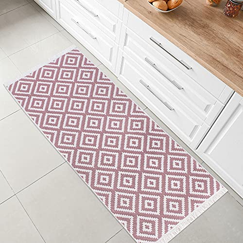 Fashion4Home Teppich Läufer - Tepiche für Wohnzimmer, Schlafzimmer, Küche, Kinderzimmer, Badezimmer - Boho Kelim - Läufer Flur, Trio-Altrosa-Weiß, Größe: 60x90 cm
