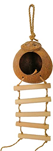 PetPhindU Vogel Nest, Kokos Vogel Haus mit Leiter, Hängen Coconut Shell Vogel Nest für Sittiche, Liebe Vögel und Kanarienvogel, Natürliche Coconut Refugium für Kleine Tier Käfig Spielzeug Hängen