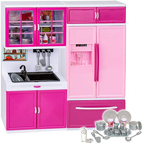 alles-meine.de GmbH Puppenhaus Möbel - Sound & Licht - 31 cm groß - großer Kühlschrank mit Eiswürfelspender/Gefrierschrank + Spüle + Vorratsschank - Miniatur für Puppenstube - ..