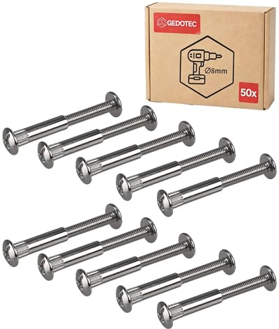 Gedotec möbelskruvar M6 | 50 stycken – hylsskruvar | förnicklad stål| trätjocklek 36–46 mm | möbelkontakter skåpkontakter krysslits PZ2 och platt blad | skruvar + hylsmuttrar