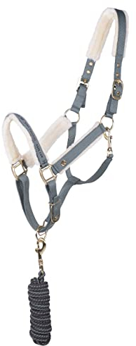 ARBO-INOX Halfter-Set mit Kunstfell und goldenen Beschlägen Halfter mit Führstrick (Full Warmblut, Dusty Olive)