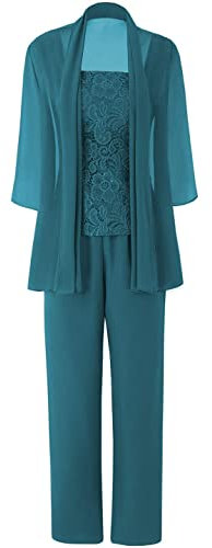 Damen Chiffon Hosenanzug Dreiteilig Mutter des Bräutigams Hosen Set Lang Elegant Hochzeitsgast Kleid mit Jacke Tintenblau 50