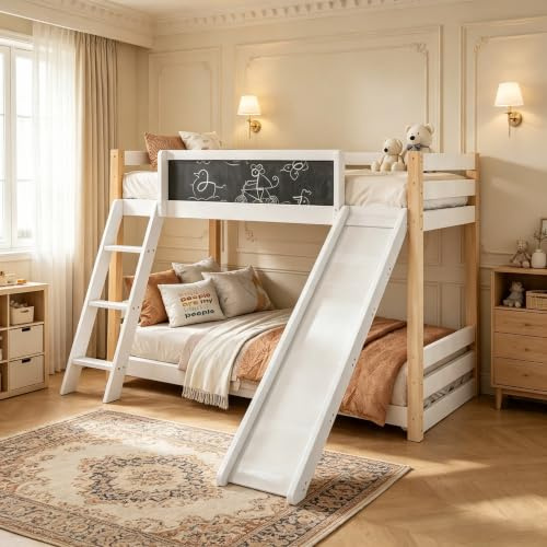 Calivra Letto a castello 90 x 200/90 x 190 cm con scivolo, scala e lavagna, bianco | Letto a castello in legno e legno con scivolo, scala a 3 gradini, protezione anticaduta e lavagna per 2 bambini.